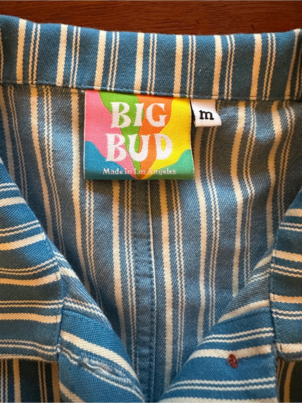 Big Bud Stripe Button-Up Chore Jacket in Blue and White with Orange Buttons - Picture 4 of 9